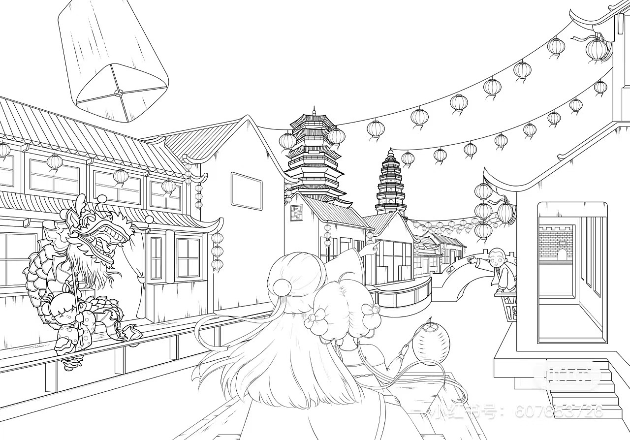 原创作品插画艺术插画夜市灯火万象阿巳与小铃铛菏欢动态插画1705:20