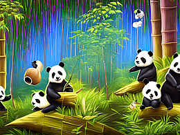 #站酷梦笔#竹林 一群熊猫在玩耍     一直熊猫坐着手里