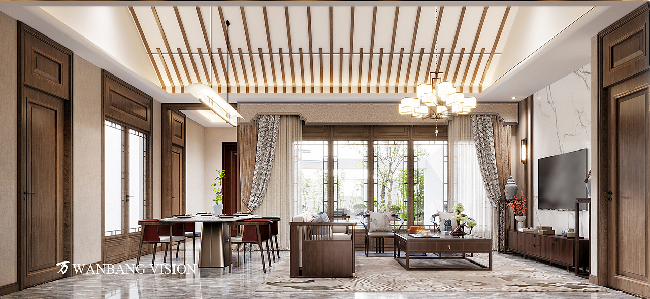 新中式家装，新中式客厅，新中式餐厅，客厅，餐厅（图ZMjgxNTI3MTY4） - 家装设计 - 站酷设计师万邦高端设计原创素材 - 站酷ZCOOL