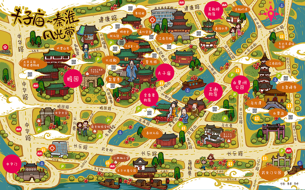 南京夫子庙手绘地图|插画|商业插画|阿比出品_原创作品-站酷zcool