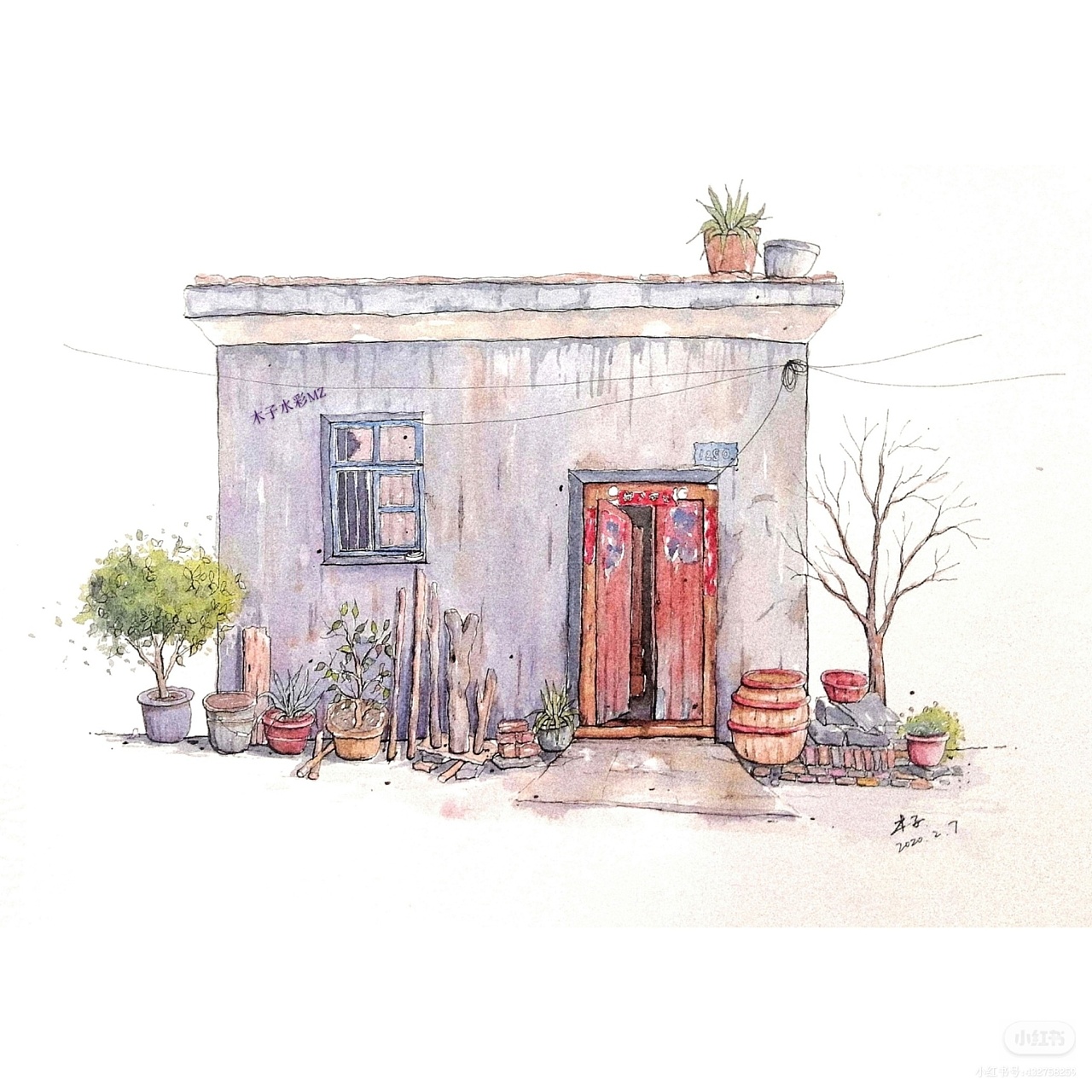 钢笔淡彩小房子