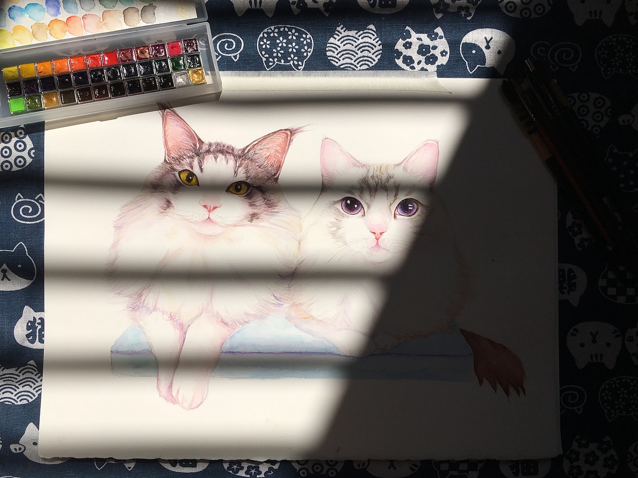 水彩猫咪插画萌萌哒~