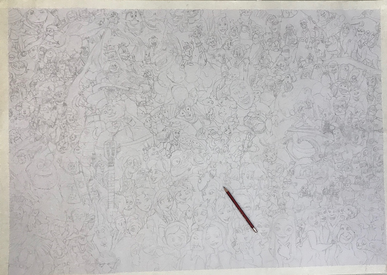 黑白装饰画-迪斯尼全家福