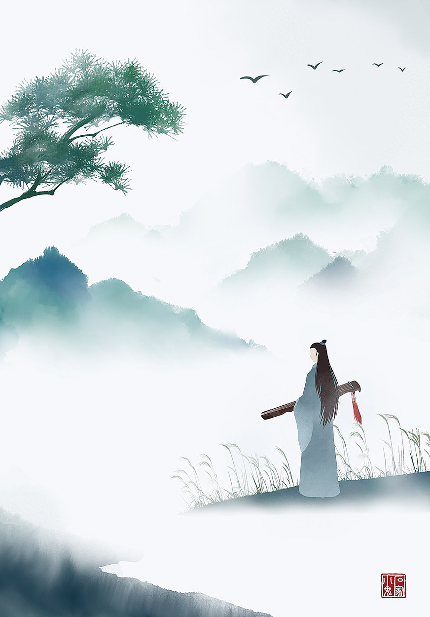 古风插画抱古琴