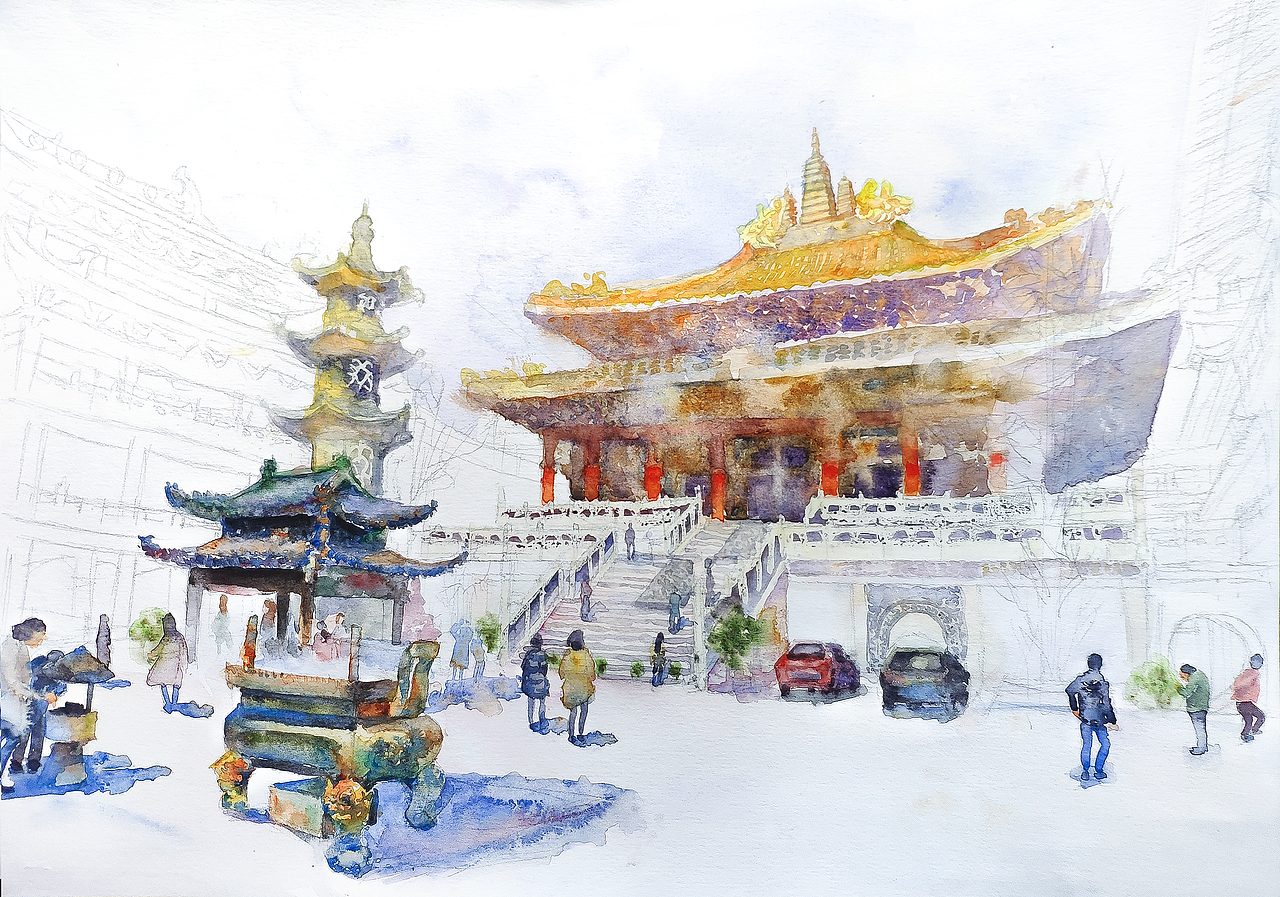 水彩手绘静安寺写生/儿童插画/水彩过程