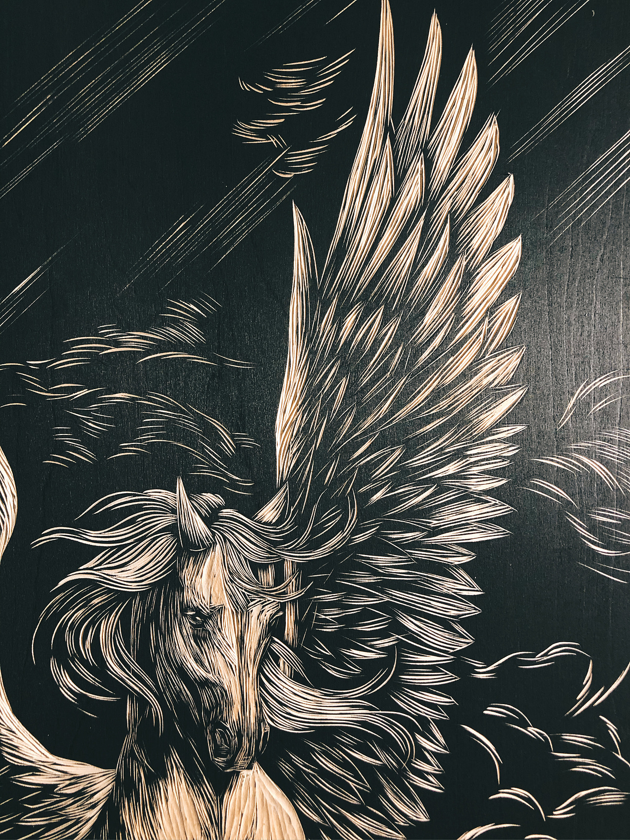 手工雕刻黑白木刻版画【飞马】