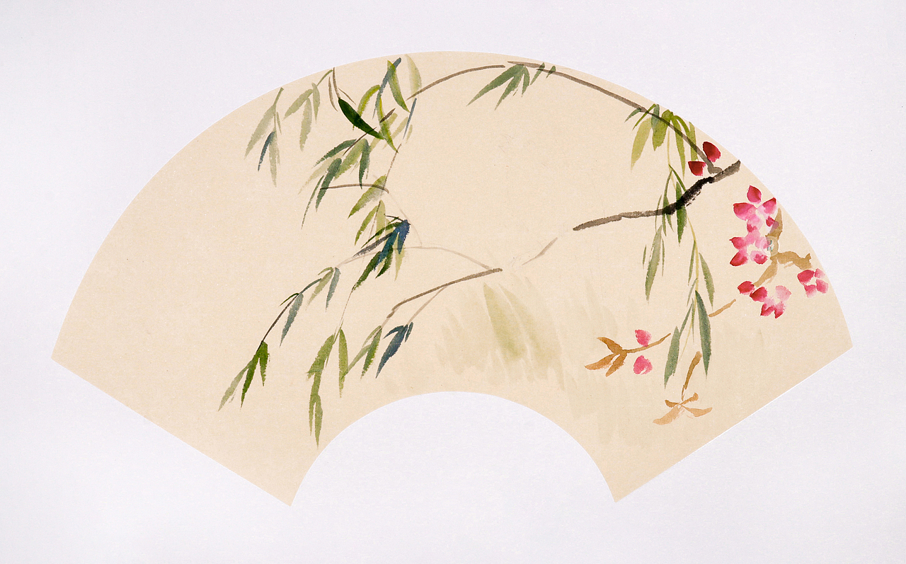国画桃花山鸟扇面图绘画步骤