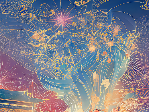 #站酷梦笔#未来世界 未来城市 中国风 天空烟花，夜晚 