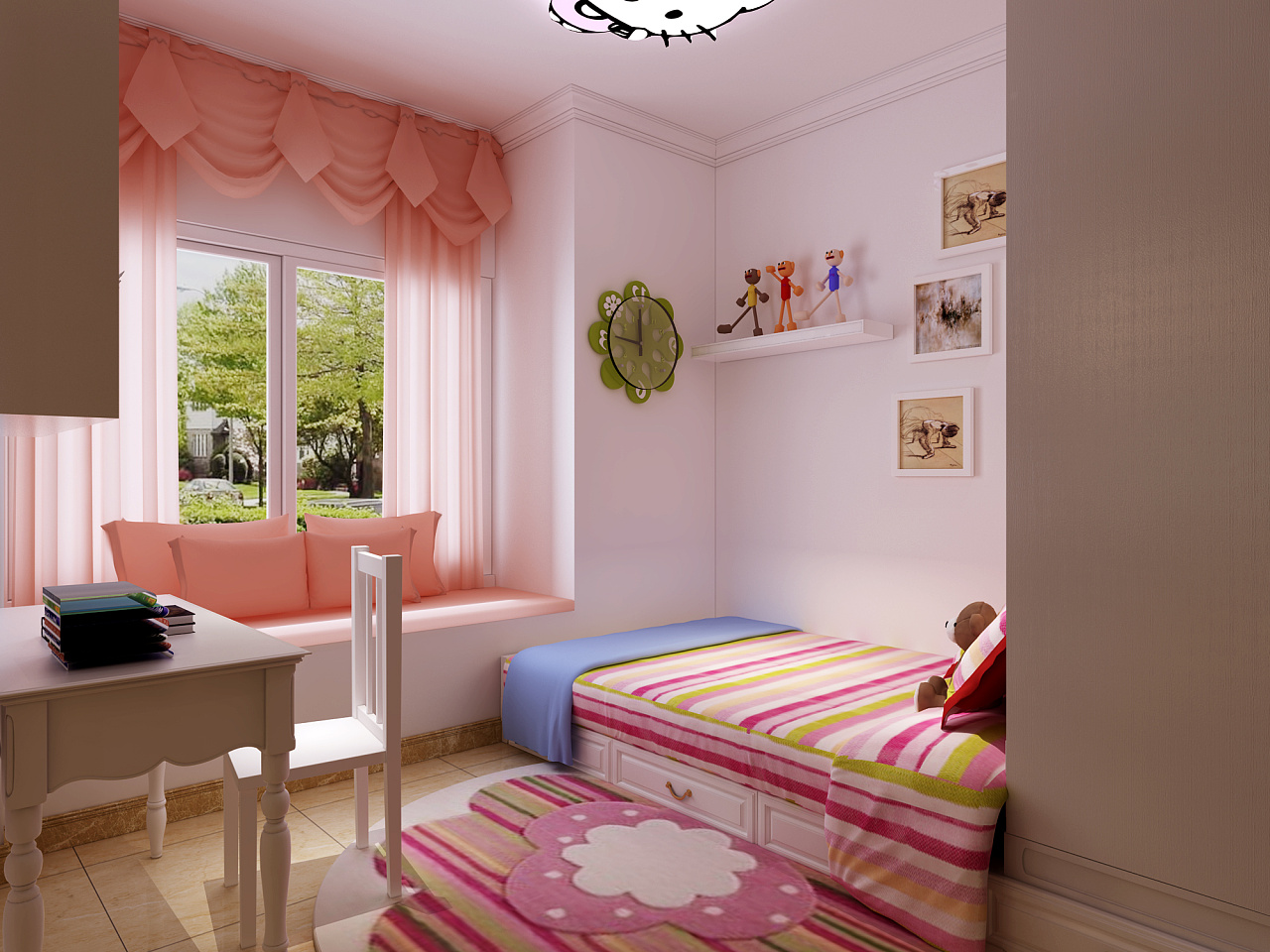 三居室粉色梦幻少女风格儿童房-房天下装修效果图