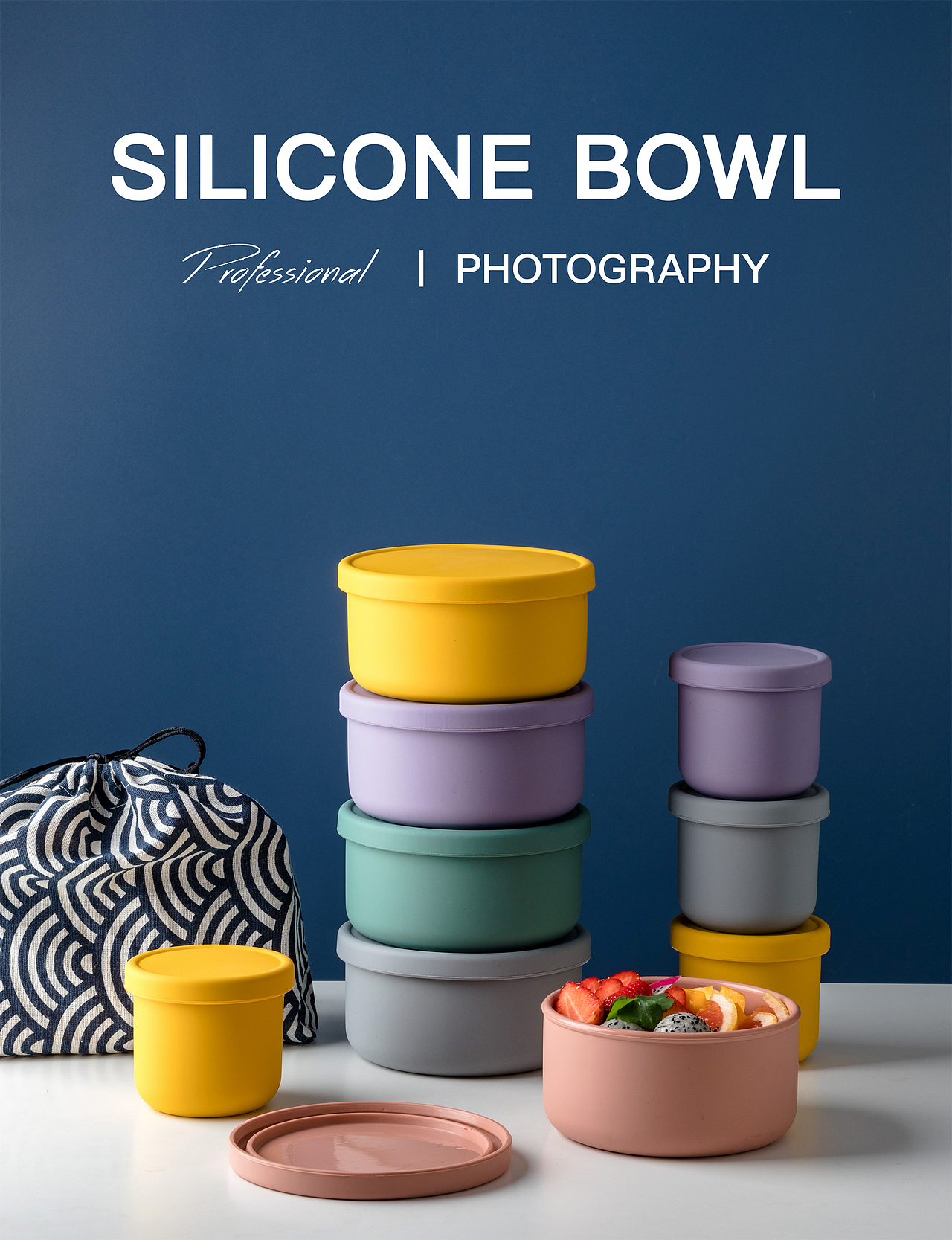 高颜值餐具拍摄 电商可折叠简约纯色硅胶软饭盒泡面碗