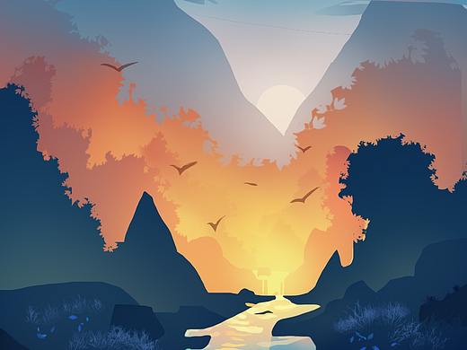 板绘-风景-远山夕阳