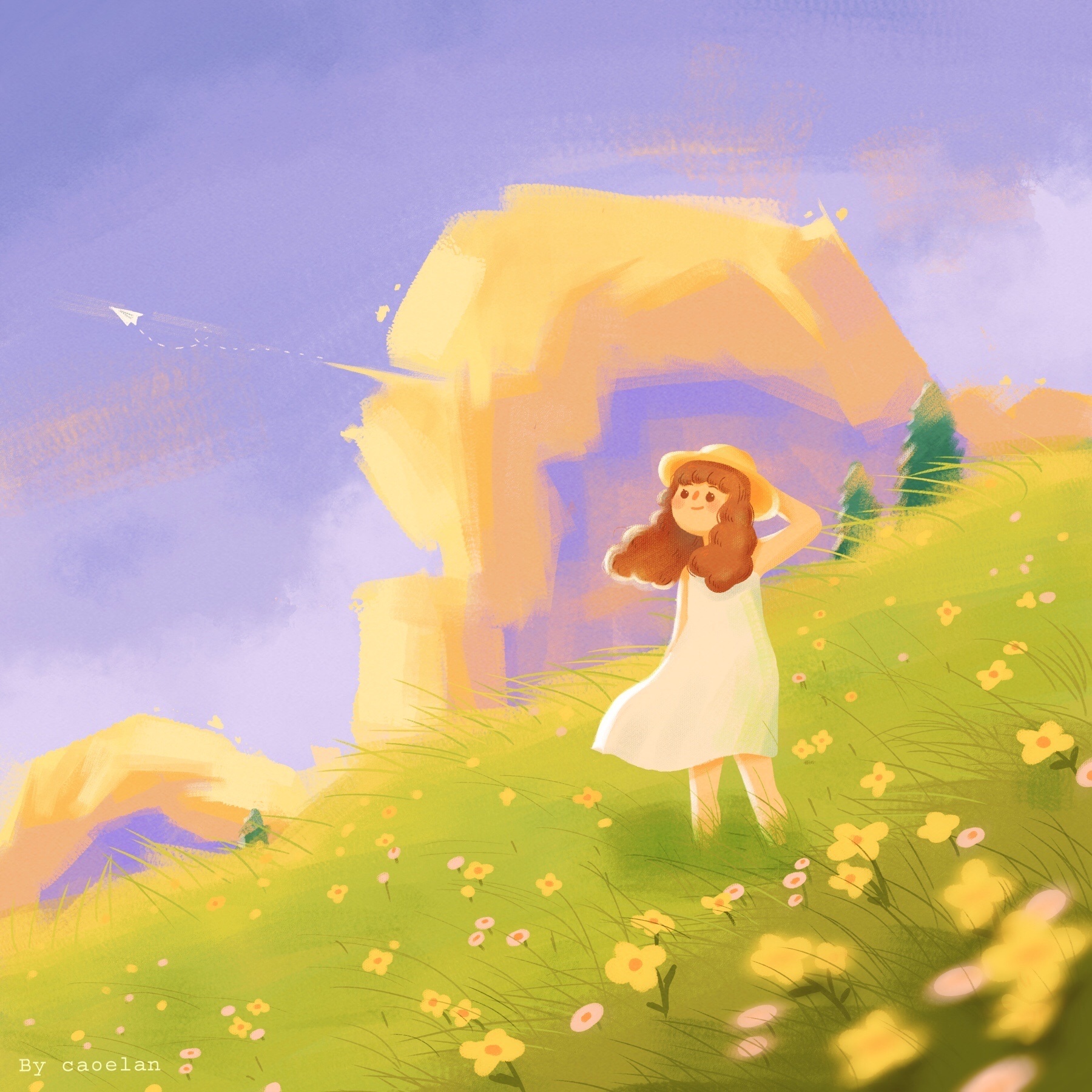 原创插画 | 晚霞 女孩 花海