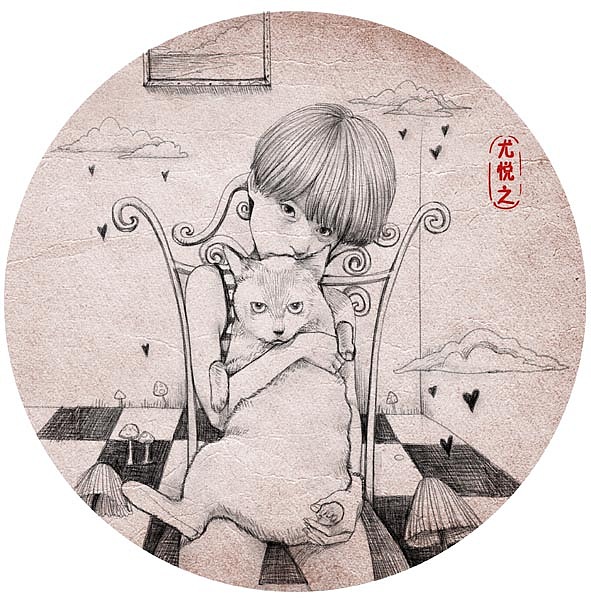 尤悦个性像小猫，喜欢宅在家里晒太阳，夸张了猫的比例表现她爱猫的个性。
