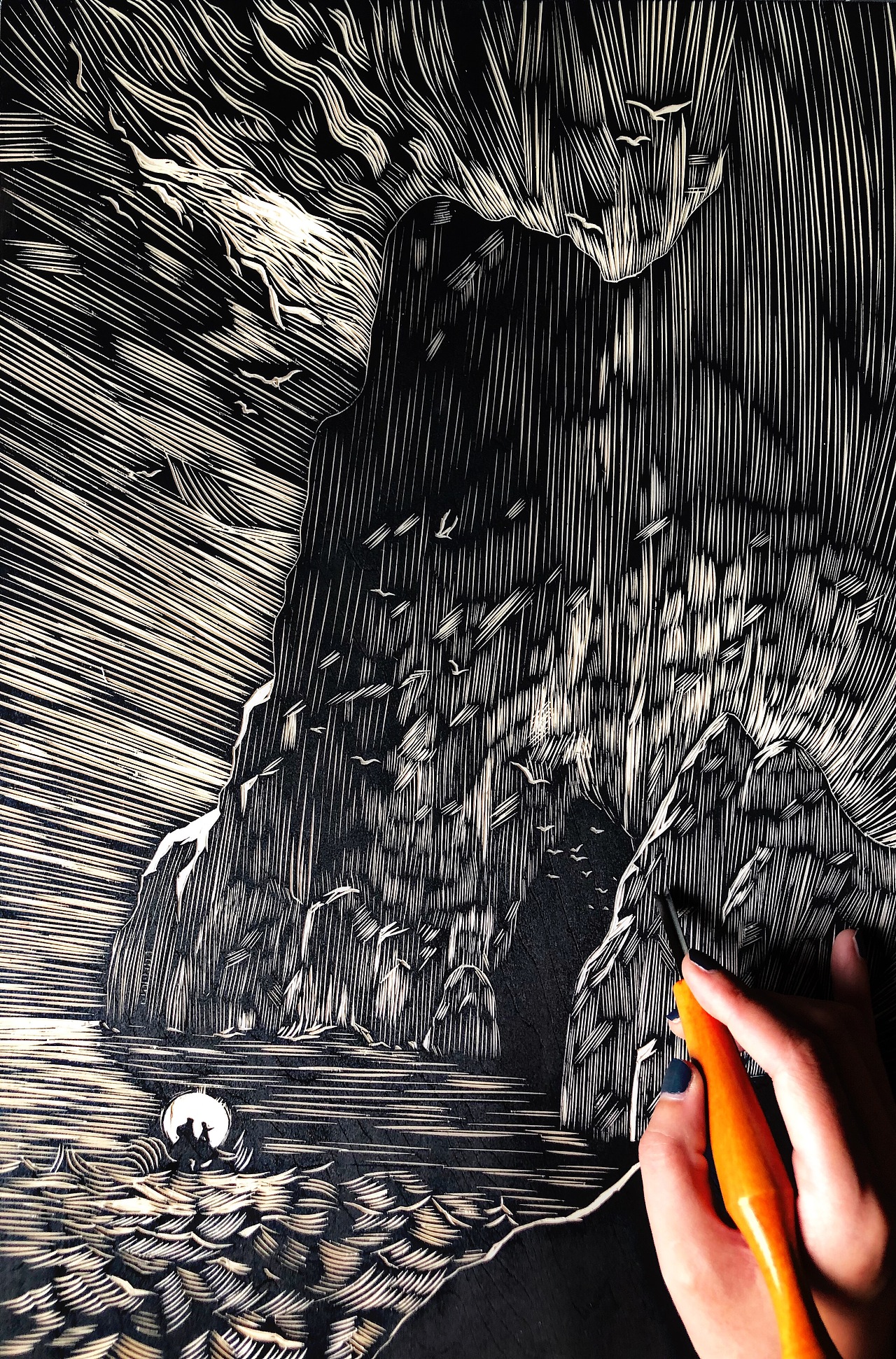 手工雕刻黑白木版画探险