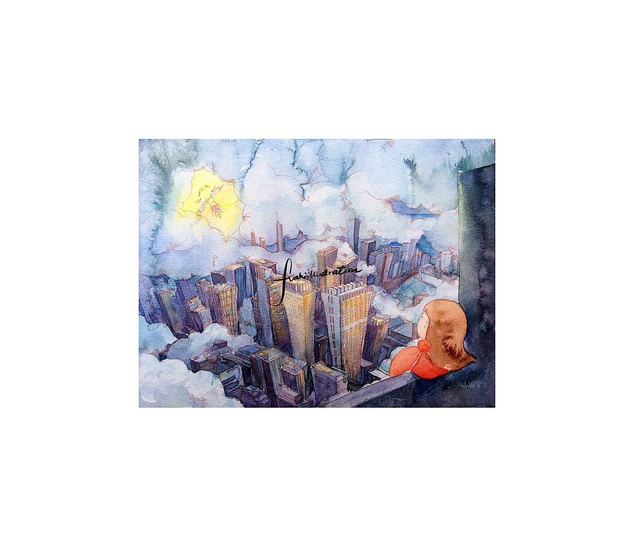 月亮系列——雾霾无法阻挡(水彩作品)小女孩和月亮