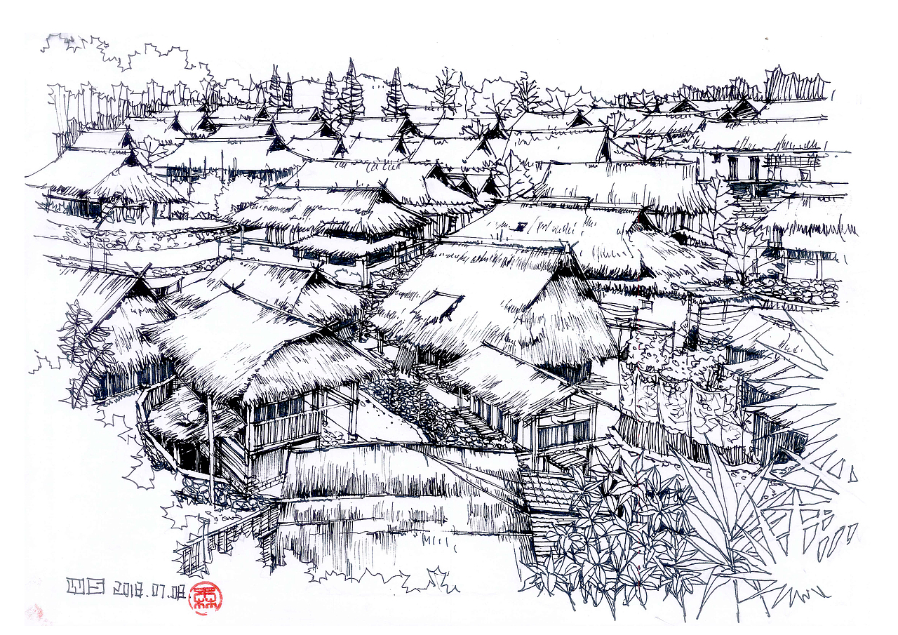 翁丁村 佤族群落线稿