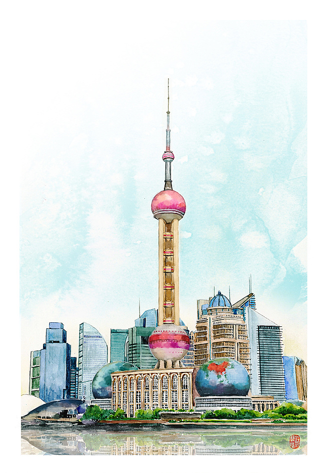 2014年12月5日——2015年1月12日 新版手绘上海,其中东方明珠塔以及