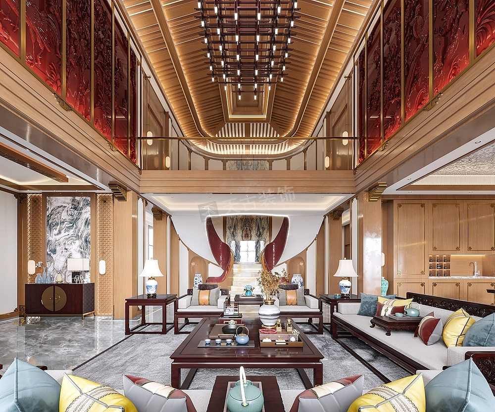 棕榈泉山顶别墅装修,独栋别墅新中式风格设计