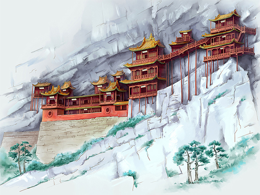 一座寺庙的手绘地图悬空寺手绘地图大地手绘出品