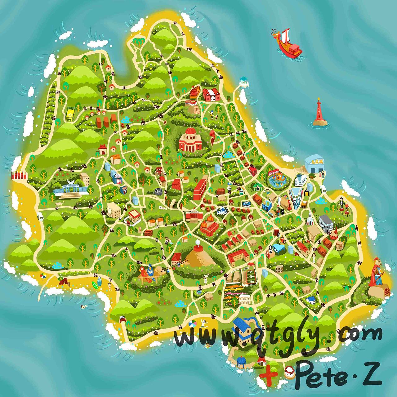 鼓浪屿手绘地图（图ZMTAzNjYyODQ=） - 商业插画 - 站酷设计师PeteZheng原创素材 - 站酷ZCOOL