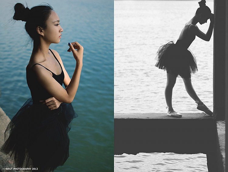 2.这是第二次拍摄的芭蕾主题,接触摄影应该是第二年了,这次选择了一套黑色的舞蹈服,场地的选择也多了些变化,是在河边的桥底上拍的。毕竟接触的时间长了,就想找到一些变化和突破,这个地方还稍微有点危险,因为都是站在很窄的水泥柱上拍的,下面就是河流,幸好妹子也比较大胆,毕竟是女汉子。