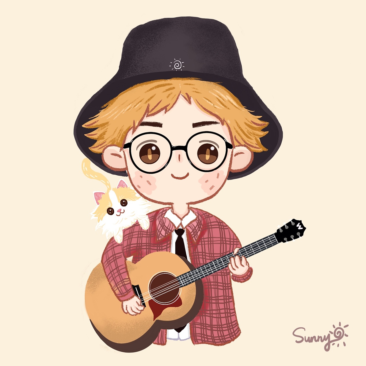 答应帮同事画的一个头像,他喜欢弹吉他,家里有养一只乳白猫猫佛山