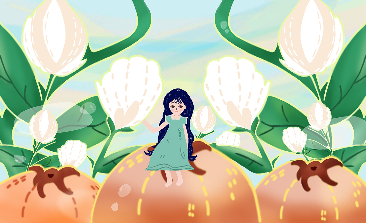 插画-橘子上的小姑娘