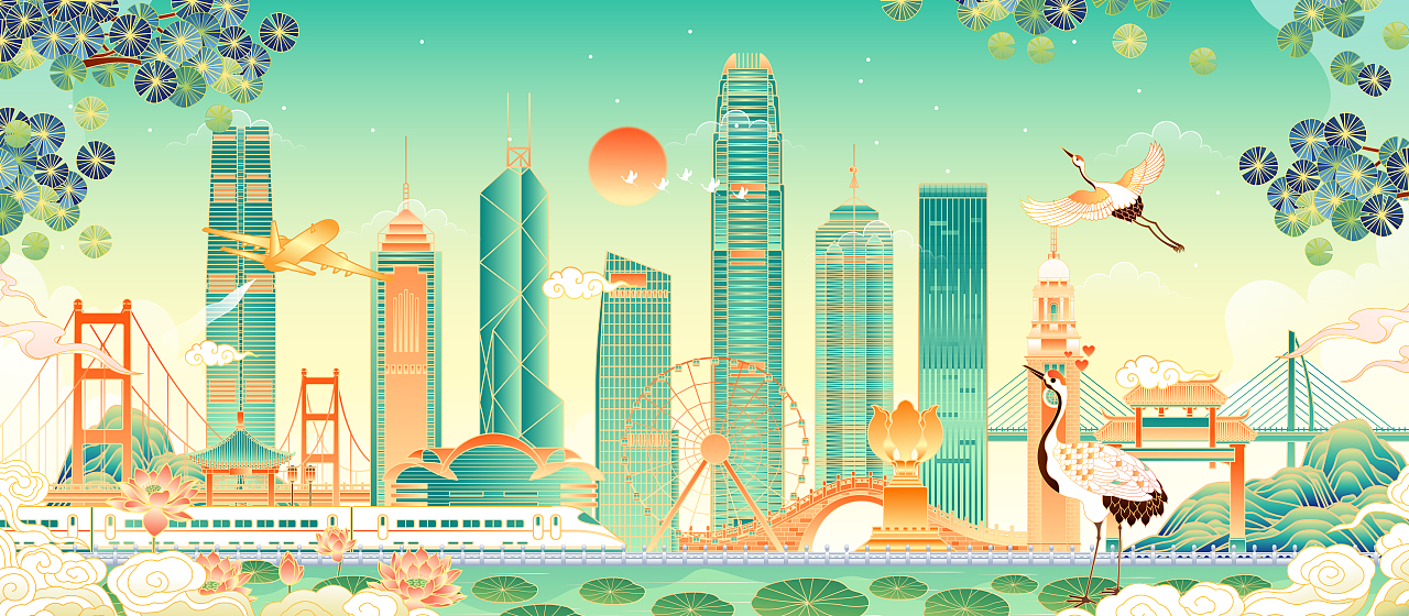 AI矢量插画/中国香港/地标建筑/国潮风