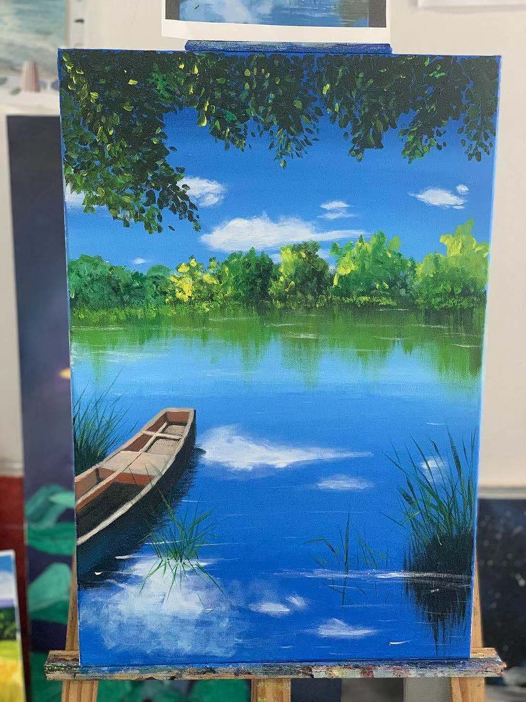 油画，孤独小舟，湖边小树（图ZMjYwMjk5MzQw） - 绘画 - 站酷设计师艺凡rose原创素材 - 站酷ZCOOL