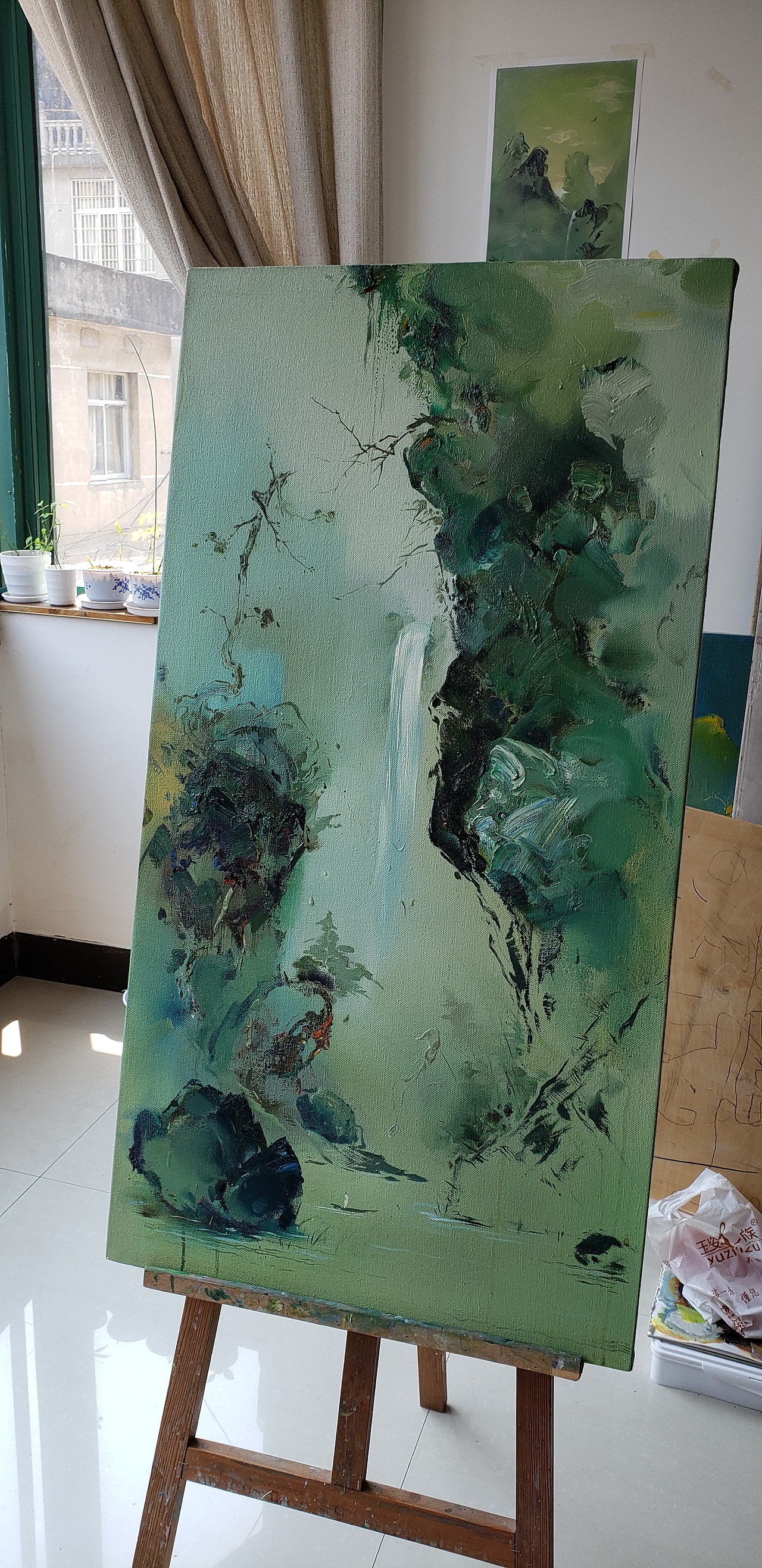 写意油画山水《瀑溪访道图》（图ZMjU0OTk2Njg0） - 绘画 - 站酷设计师张临原创素材 - 站酷ZCOOL