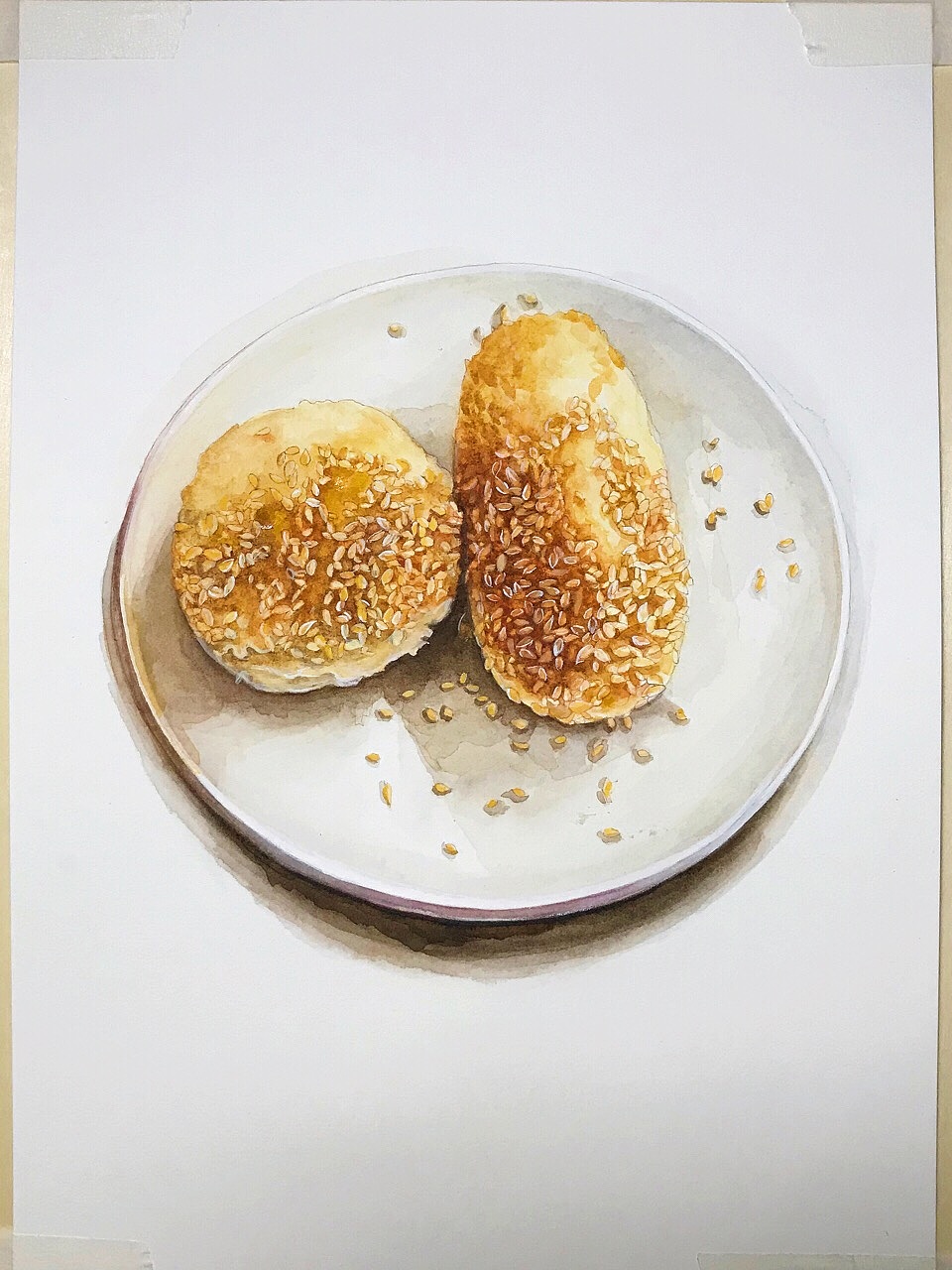  水彩金陵美食> 鸭油酥烧饼