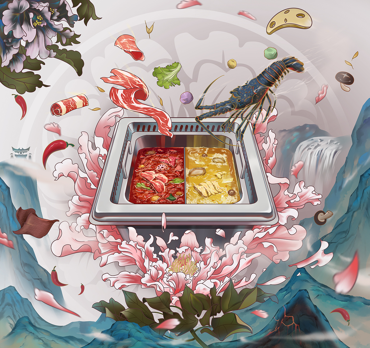 牡丹火锅（图ZMjY5MjE2NzI0） - 商业插画 - 站酷设计师司马公谦原创素材 - 站酷ZCOOL
