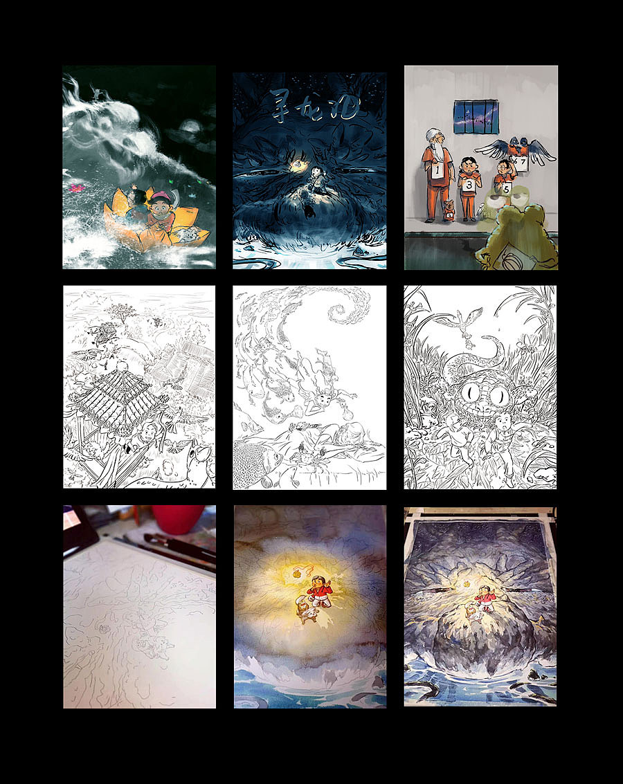 封面的制作过程从最初的印象图发展到线稿,再予以着色,最后扫描入电脑进行调整和处理。前不久刚结束的2019上海书展,也是《小米的四时奇遇》全套书系第一次亮相。感谢壹勺文化、朝华出版社的信任以及旭爽、龚雪荣、素一等艺术家的支持与合作。
