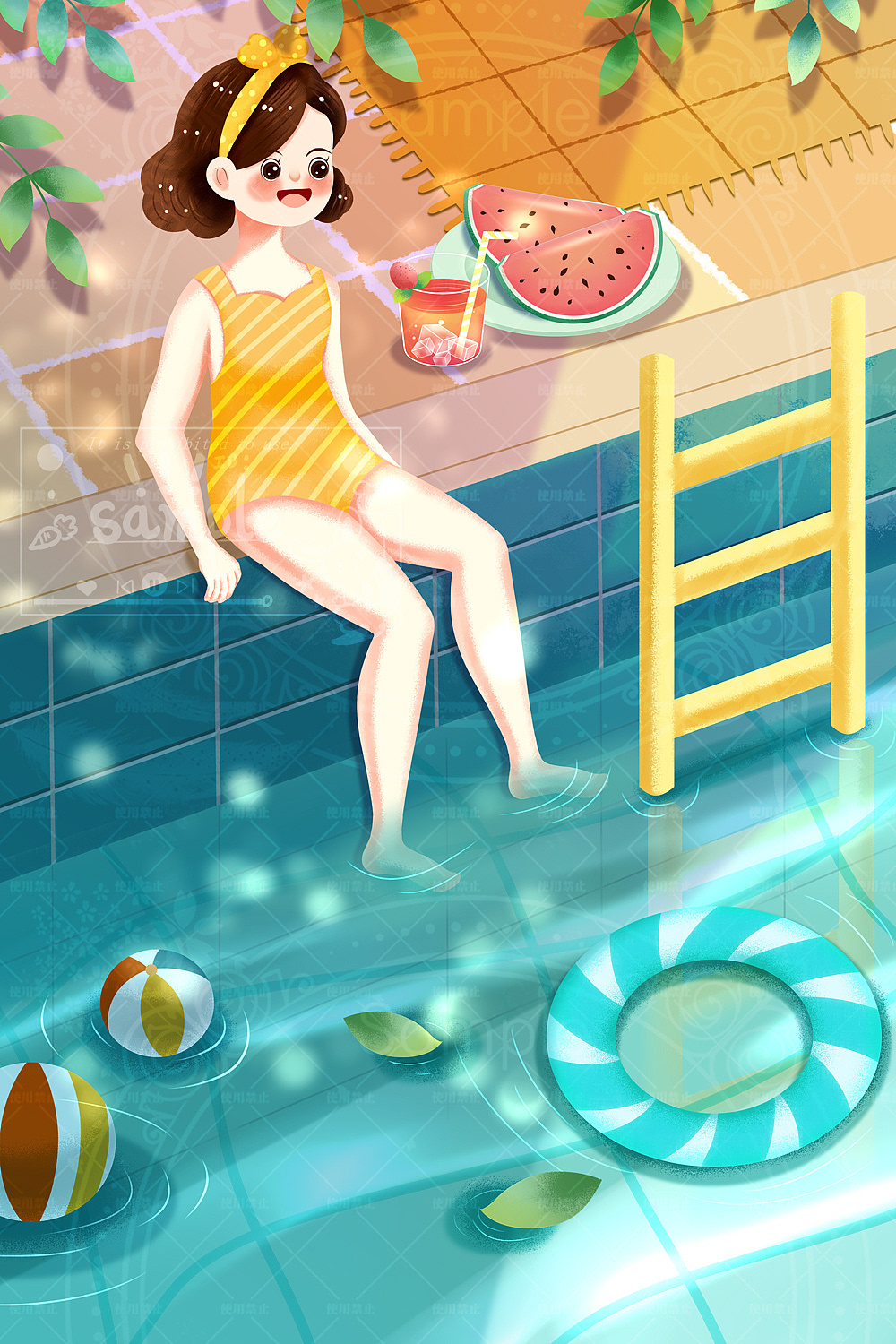 一组夏日扁平风可爱泳装插画