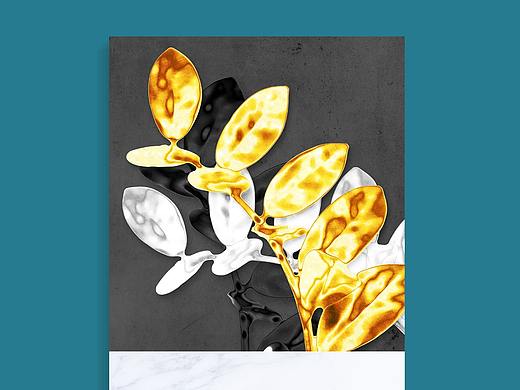 北欧现代金色植物大理石纹客厅装饰画