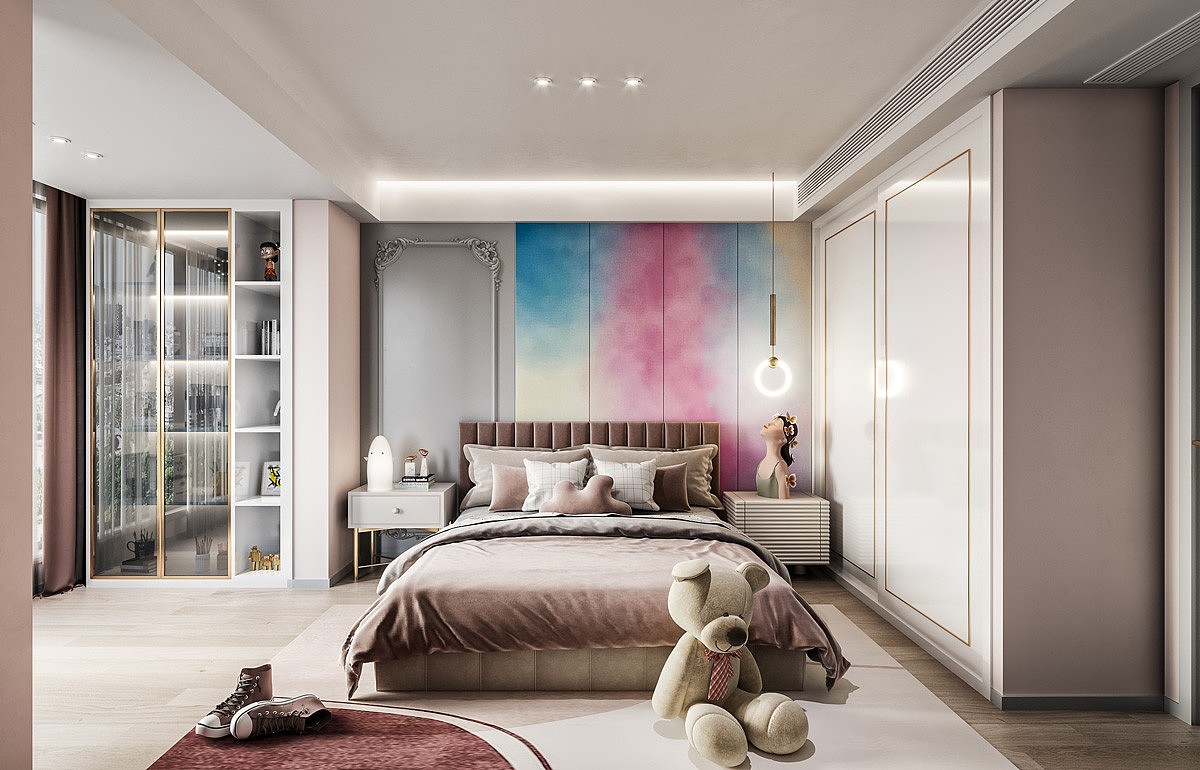 现代女儿房 儿童房 双人床 床头柜 床头吊灯 玩具