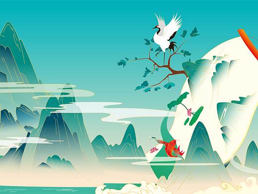 中国风山水卷轴插画