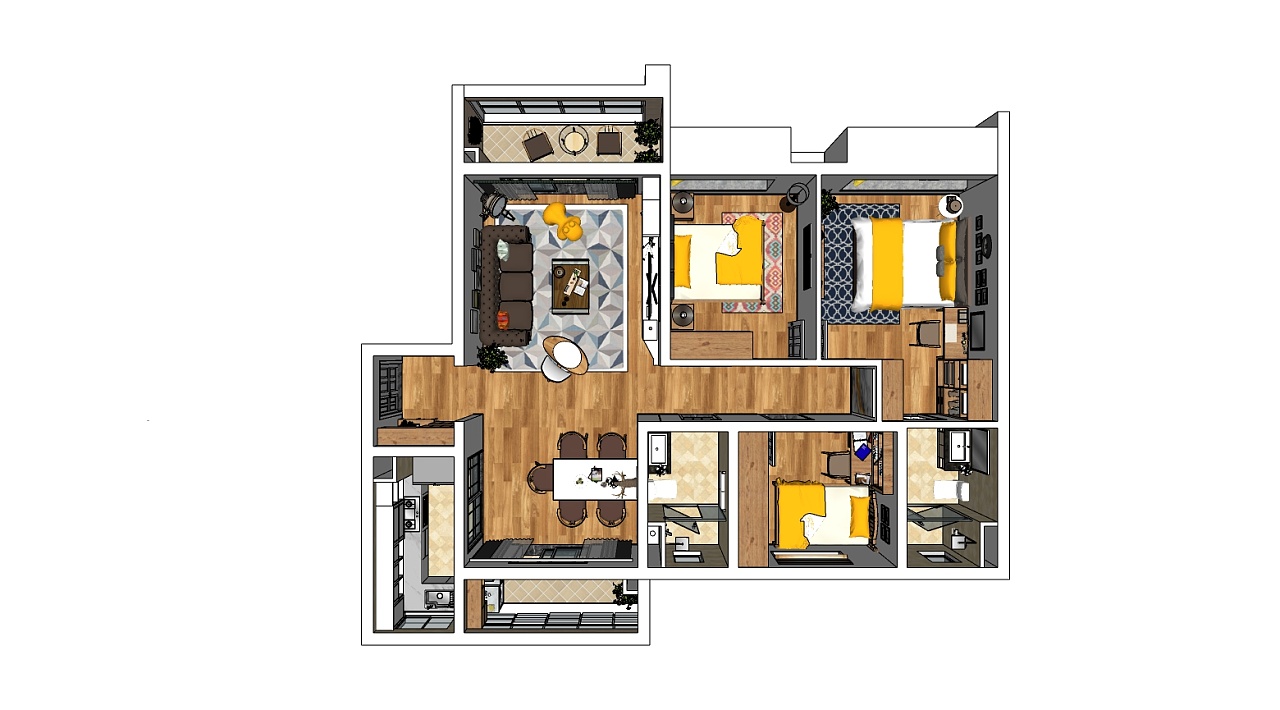 sketchup家装设计 模型俯视图|空间|家装设计|室内设计师周理康