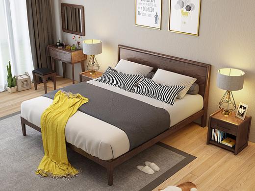 北欧实木床3D设计，胡桃木实木床，家具3D效果图制作