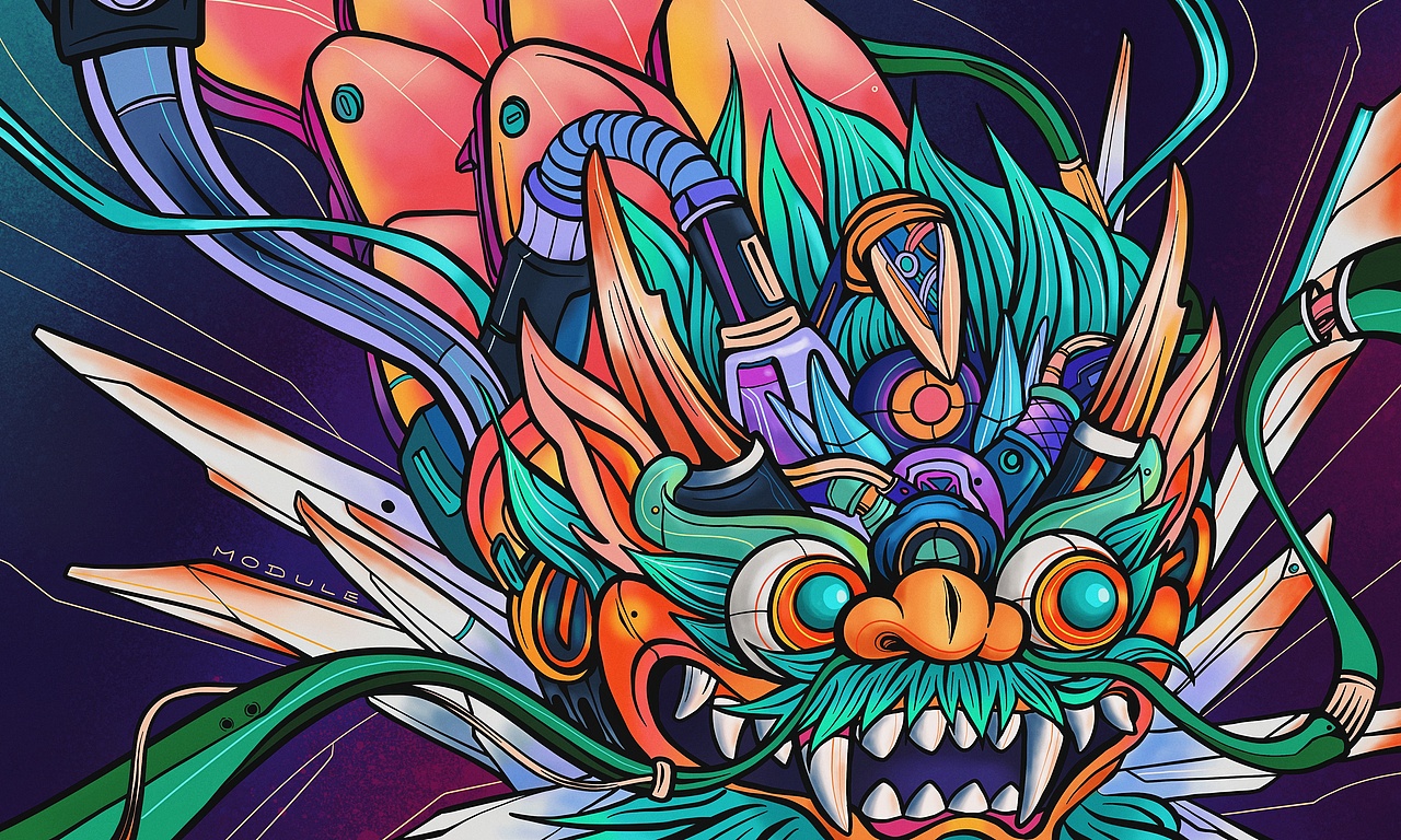 赛博朋克龙头插画77墙面荧光涂鸦