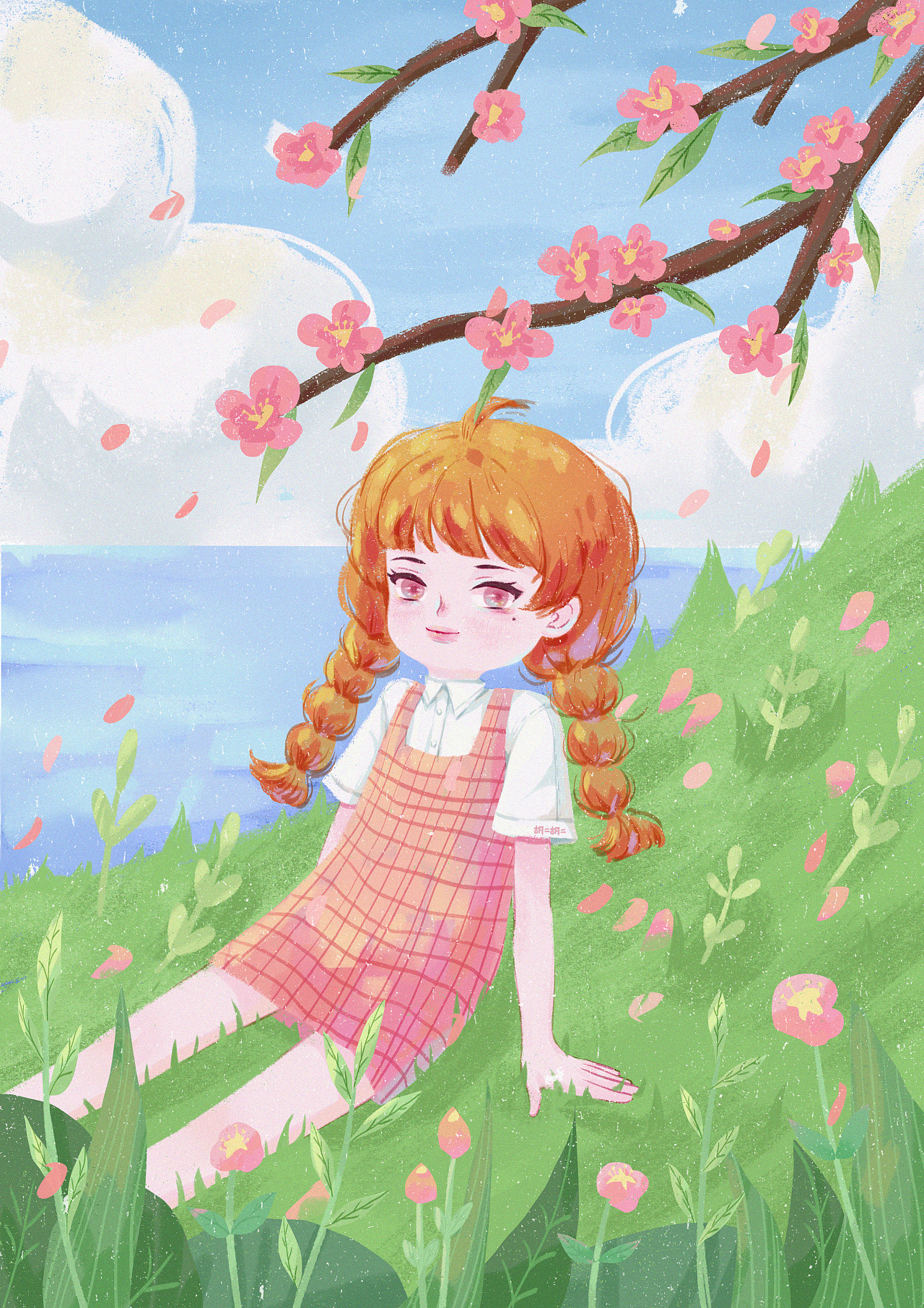 插画|桃花树下的少女