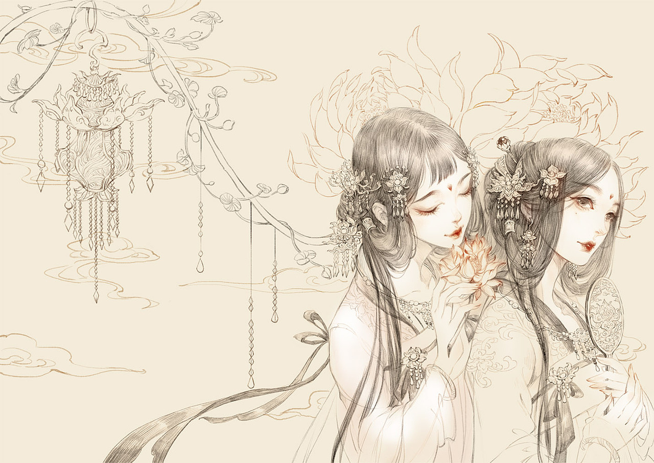 《并蒂莲》过程（图ZNjU1ODUwNjA=） - 商业插画 - 站酷设计师古戈力1原创素材 - 站酷ZCOOL