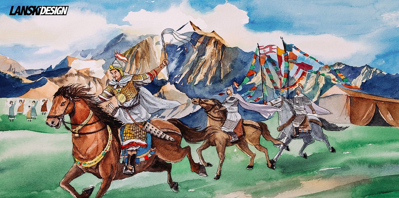 藏族英雄格萨尔王水彩画