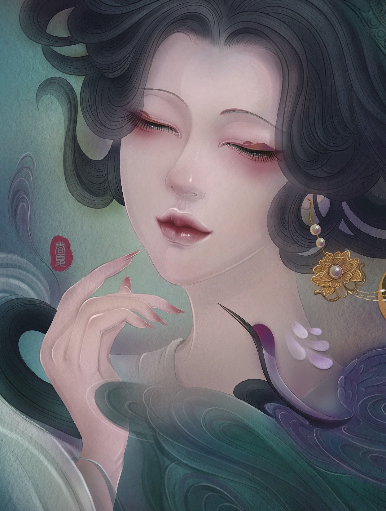 古风国风插画-文物拟人之瑞鹤图