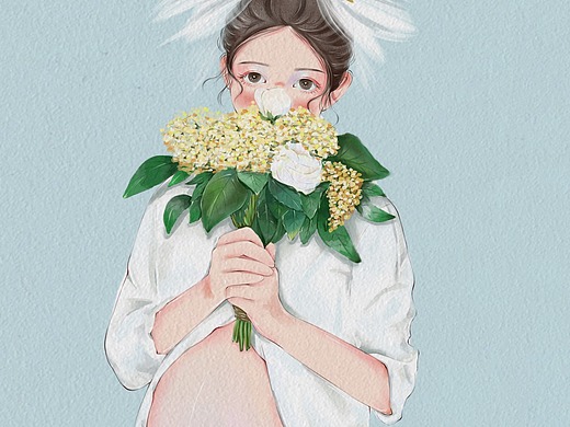 原创水彩孕妇照 手捧鲜花清新可爱