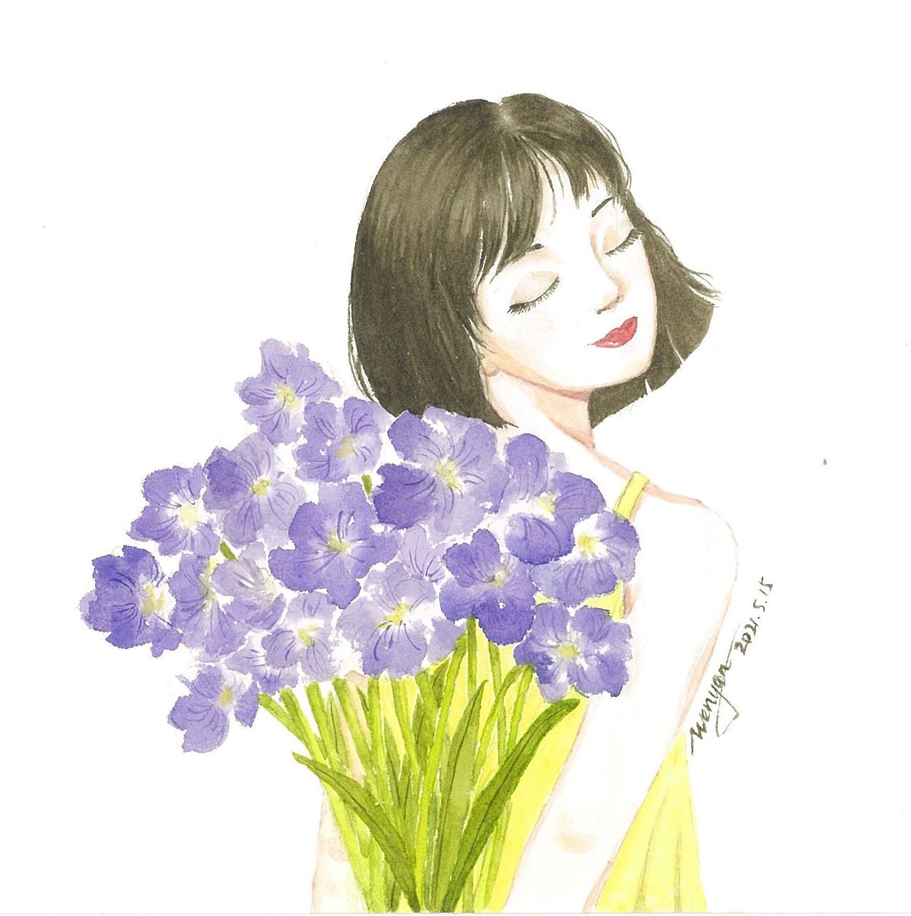 水彩插画(原创手绘):女孩与花卉(闭眼系列)