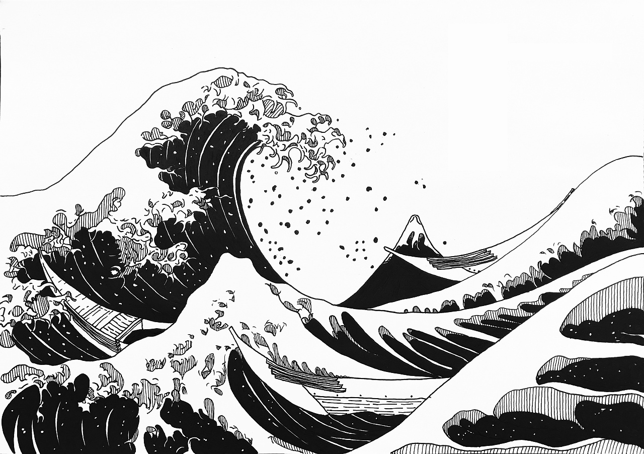 神奈川冲浪里线描图片