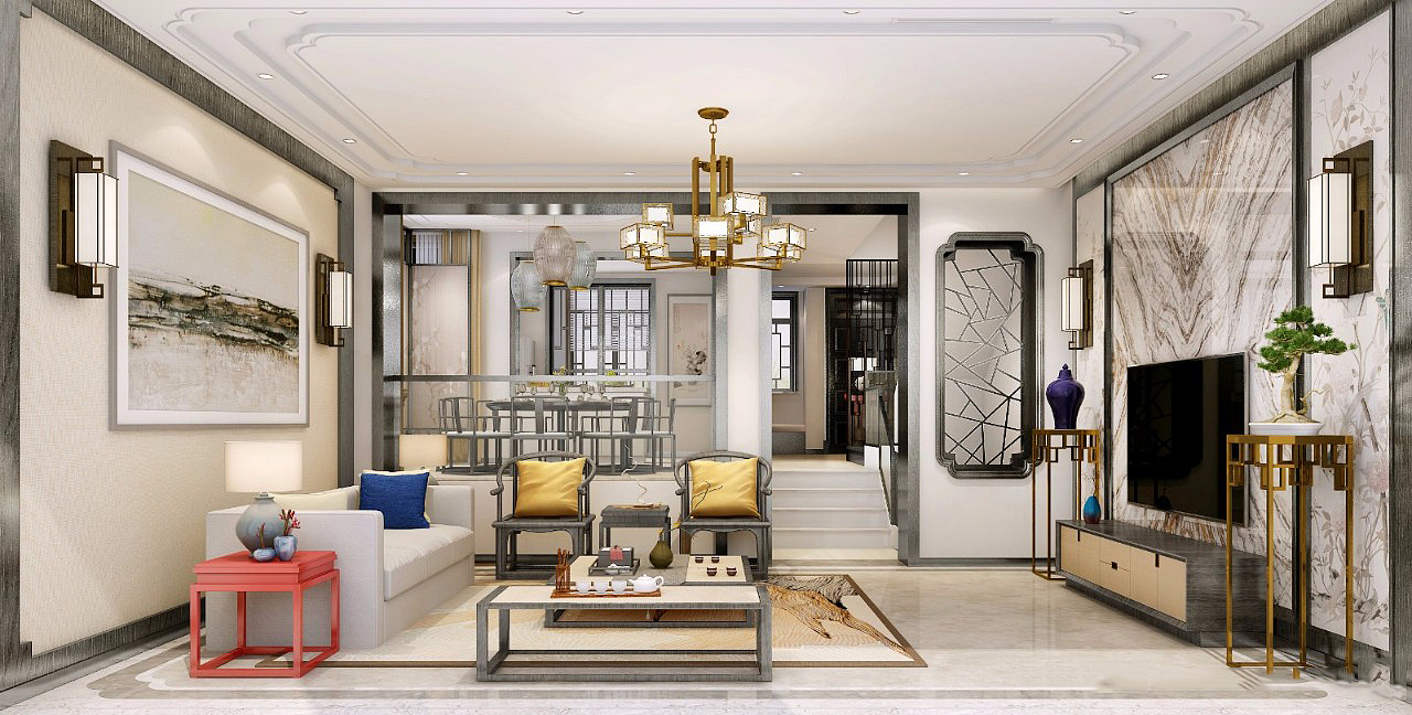 金领九如意400平新中式风格别墅装修,高端大气上档次---客厅