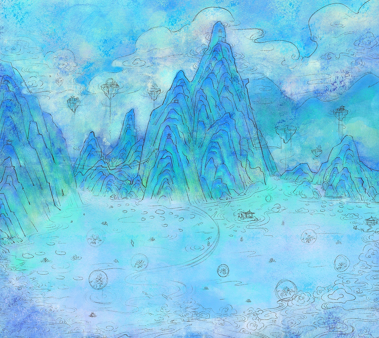 国风插画——《仙山玉池图》