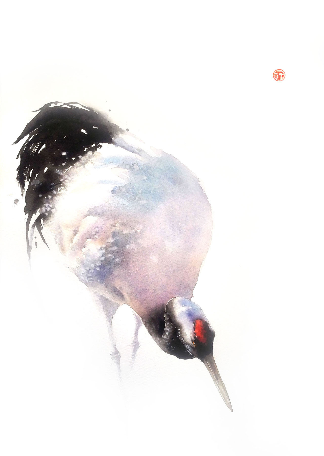 【一行写意水彩画】黑颈鹤——云在青天水在瓶|纯艺术|绘画|一行exe